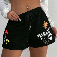 Celana Pendek Wanita Motif Feed Your Demons Hitam dengan Tali Serut dan Desain Unik Ukuran S M L XL 