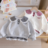 Baju Atasan Fesyen untuk Kanak-kanak Perempuan, Baju Atasan Kolar Anak Patung Berpetak Musim Bunga d