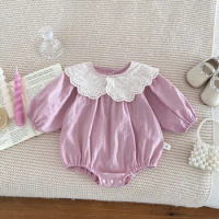 Korean Fashion Baby Romper Newborn Bodysuit Lace Peter Pan Collar Long Sleeves Infant Girl Jumpsuit 0-2yrs