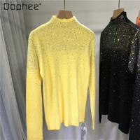 Women's Flash Rhinestone Yellow Knitwear Turtleneck Pullover Slim Thickened Sweater Top Autumn and Winter Knit Bottoming Shirt