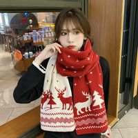 圣誕可愛圍巾女冬季新款百搭軟妹小鹿針織麋鹿紅色毛線圍巾
