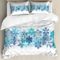 Snowflake Duvet Cover Set, Snow Pattern Winter Decorative 3 Piece Bedding Set With 2 Pillow Shams, King Twin Size Bed Collection