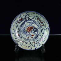 古玩收藏 元青花釉里紅魚藻紋盤子 陶瓷碟子 托盤 家居裝飾擺件