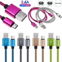 1000pc 1M 2M Nylon Fabric braided Type C Type-C Micro 8 PIN USB data sync Fast Charging cable 2.4A For iphone samsung LG huawei