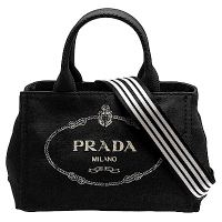PRADA CANAPA金色三角LOGO帆布縫線造型條紋背帶手提斜背包(黑)