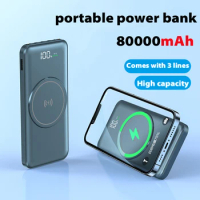 New 80000mAh shared power bank large capacity wireless fast charging universal mobile phone portable power bank detachable cable