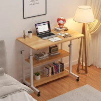 Movable Lift Bedside Table Double Layer Laptop Table Practical Study Table with USB Fan and Light for Bedroom Dormitory