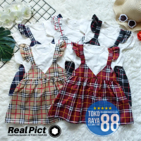 TOKO RAYA 88, Setelan Dress Overall Bayi 6 – 12 Bulan, Motif Overall Kotak V, Gaun Acara, Baju Jalan
