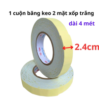 Sku 190-  1 Cuộn băng keo 2 mặt xốp trắng rộng 2.4cm, dài 4 mét, độ dầy 3mm, lõi giấy 3mm