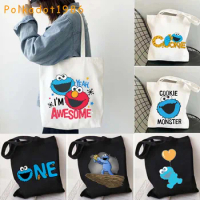 Cartoon Elmo Sesame Cookie Monster Cute Face Elmo's Street Hello Gifts Women Canvas Shoulder Tote Bag Harajuku Shopper Handbags
