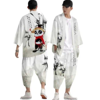 Two-piece Suit Panda Print Japanese Cardigan Women Men Cosplay Yukata Clothing Harajuku Samurai Kimono + Pants Sets