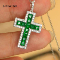 LUOWEND 18K White Gold Pendant Necklace Real Diamond Pendant Classic Cross Women Emerald Necklace Exquisite Gemstone Jewelry