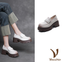 【Vecchio】真皮樂福鞋 厚底樂福鞋/全真皮頭層牛皮經典小圓頭粗跟厚底樂福鞋(米)
