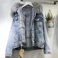 Denim Women Coat Imitation Rabbit Fur Coat Detachable Collar Faux Fur Coat Padded Jacket Single-breasted Jacket for Women Winter