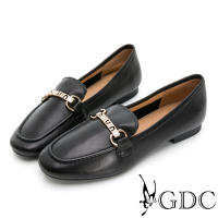 GDC-真皮方頭銀釦舒適平底樂福包鞋-黑色