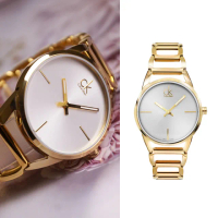 【Calvin Klein 凱文克萊】CK 金殼 白面 簡約簍空鏈帶手錶 女錶 情人節(K3G23526)