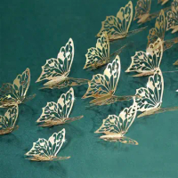 New 12Pcs Mirror Gold 3D Paper Hollow Butterfly Home Wall Stickers Wedding Engagement Birthday Party Butterflies DIY Decorations