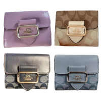 【COACH】Morgan 新款香布雷緹花LOGO金屬釦飾零錢袋皮革短夾 咖色.單寧藍.淺藍.粉色(贈原廠紙盒紙袋)