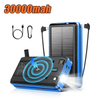 Solar Power Bank 30000mAh Fast Qi Wireless Charger Powerbank Built in Cable for iPhone 12 13 Samsung Huawei Xiaomi Poverbank
