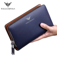 WILLIAMPOLO Business Large Capacity Genuine Leather Mens Wallet Double Zipper Clutch Bag Credit Card Holder Wallet For Men 170