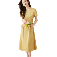 【Dorri】玩美衣櫃黃色短袖洋裝褶皺收腰素色連身裙S-2XL