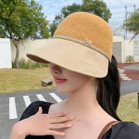 【優選百貨】太陽帽女夏季防曬拼接草帽 透氣鴨舌帽 寬簷百搭露馬尾遮陽帽漁夫帽 防曬帽子