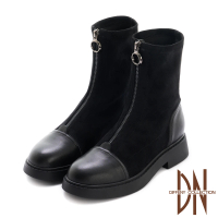 【DN】短靴_真皮拼接異材質V口拉鍊厚底短靴(黑)