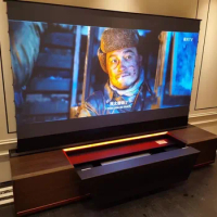 100 Inch PET Crystal Floor Rising Projection Screen Integrated Cabinet for 4K UHD Ultra Short Throw Laser Projector