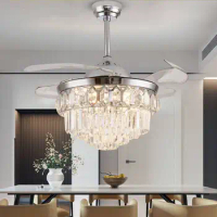 42 Inch Luxury Crystal Ceiling Fan With Light Modern Invisible Fan Lamp Living Room LED Chandelier Light Electric Fan DC Motor