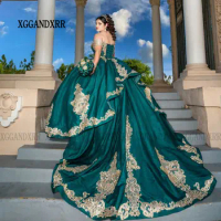 New In Green Quinceanera Dress 2024 Mexican Lace Florals Layers Sweet 15 Dress Sequin Vestidos Birthday Party Gown Plus Size