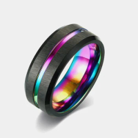 Trendy 8mm Men's Black Brushed Tungsten Wedding Ring Rainbow Groove Beveled Edge Stainless Steel Engagement Ring Jewelry For Men