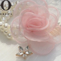 Obega Bridal Pink Flower Immitation Pearl Bracelet Bridemaid Eliastic White Flower Wedding Corsage Gold Color Leaf Crystal Stone