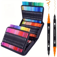 60/120 color Dual Brush Tip Markers Set Double-headed Washable Soft Brush Pens With Black Rods &amp; Cloth Bag Brush&amp;Fine Tip Marker