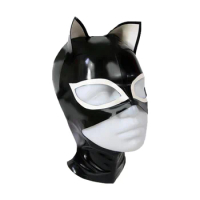 MONNIK Black Latex Hood Rubber Mask with Cat Small Ears for Wear Latex Party Bodysuit Cosplay Halloween