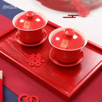 Chinese Wedding Tea Sets Red Ceramic Gaiwan Tray Set Porcelain Teabowl Customized Tea Ceremony Supplies Exquisite Teaware
