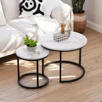 White Nesting Coffee Table Set of 2, 23.6" Round Coffee Table Wood Grain Top with Adjustable Non-Slip Feet, Industrial En