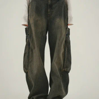 Rockmore Vintage Cargo Jeans Streetwear Big Pocket Baggy Straight Pants Women Y2K Low Waist Wide Leg Denim Trousers 90s Vintage