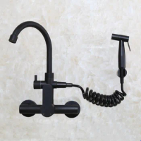 Wall mounted Matte Black stainless steel kitchen faucet with bidet spray shower head ,Rotatable,Cold and hot water faucet