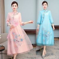 中國風女裝新款寬松文藝氣質中長款改良旗袍刺繡民族風連衣裙