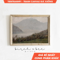 Tranh treo tường Foggy Mountain Oil Painting  Vintage Lake Art  Moody Landscape, tặng kèm đinh treo.