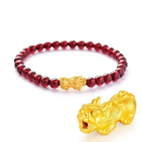 Pure 24K 999 Gold Pixiu Bracelet Handmade Elastic Cord Charm Bracelet With Garnet Beads for Women Fine Jewelry Party Gifts