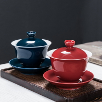 紅色功夫茶碗蓋陶瓷防燙泡茶杯手工茶具零配三才蓋碗茶杯單個