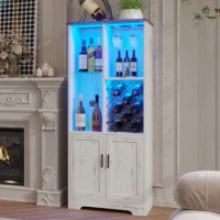 Wine Cabinet, Wine Bar Cabinet with LED Lights, Liquor Cabinet with Glass Holder Wine Rack, Farmhouse Modern Liquor Cabinet with