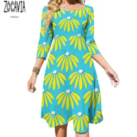 ZOCAVIA Women's 3/4 Sleeve Short Dress, Casual Fashion Loose Fit Large Open Back Banana Pattern Dress