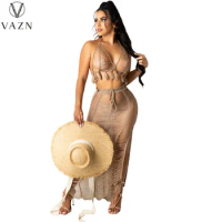 VAZN 2021 Top Quality Network See Through Beach Sexy Young Halter Off Shoulder Group Maxi Skirts Skinny Women 2 Piece Set