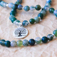 108 Mala Buddhist Prayer Bead Mala Jewelry Mantra Beads Moss Agates For Optimism Encouragement &amp; Stress Relief