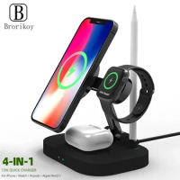 4 in 1 Magnetic Wireless Charger 15W Fast Charging For iPhone 12 13 14 15 Pro Max Apple Watch Airpods Pro Charging Dock Station