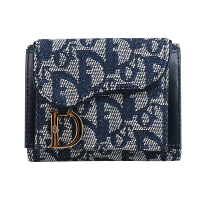 展示品 Christian Dior經典D字環滿版LOGO緹花布扣式三折中夾(丹寧藍)