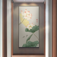 荷花九魚圖新中式入戶玄關掛畫豎版走廊過道墻壁畫禪意蓮花裝飾畫