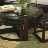 Cylina Solid Wood Glass Top Round Coffee Table with 4 Stools, Espresso